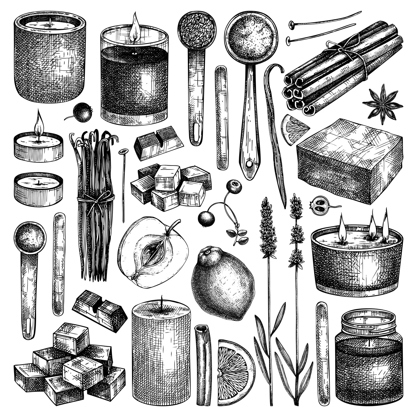 Hand-sketched aromatic candles ingredients collection. Vector illustrations of candles, wax, fragrance, color, herbs, and skewers. Natural materials for aromatherapy, hobby, handcrafts, candle making. Illustration